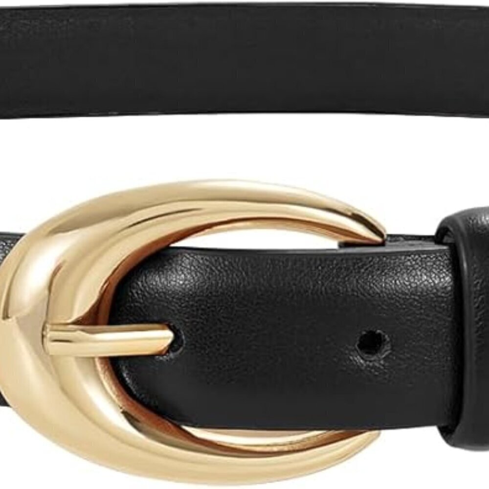 Women Leather Belt Faux Leather Skinny Waist Belt with Gold Buckle for Jeans
